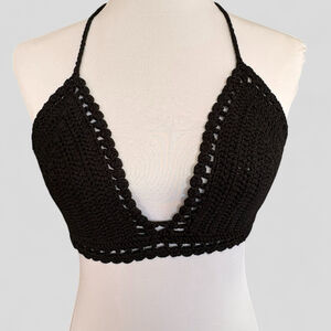 Handmade Black Crochet Halter Bikini Top One Size